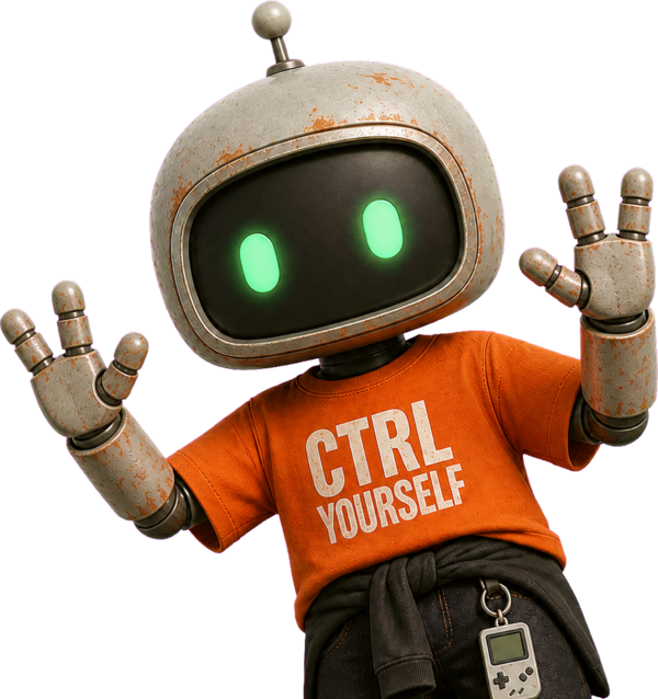 Friendly green-eyed GGbot waving while game time remains