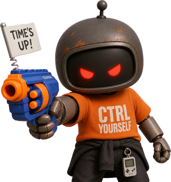 Red-eyed GGbot aiming a toy blaster when game time is over
