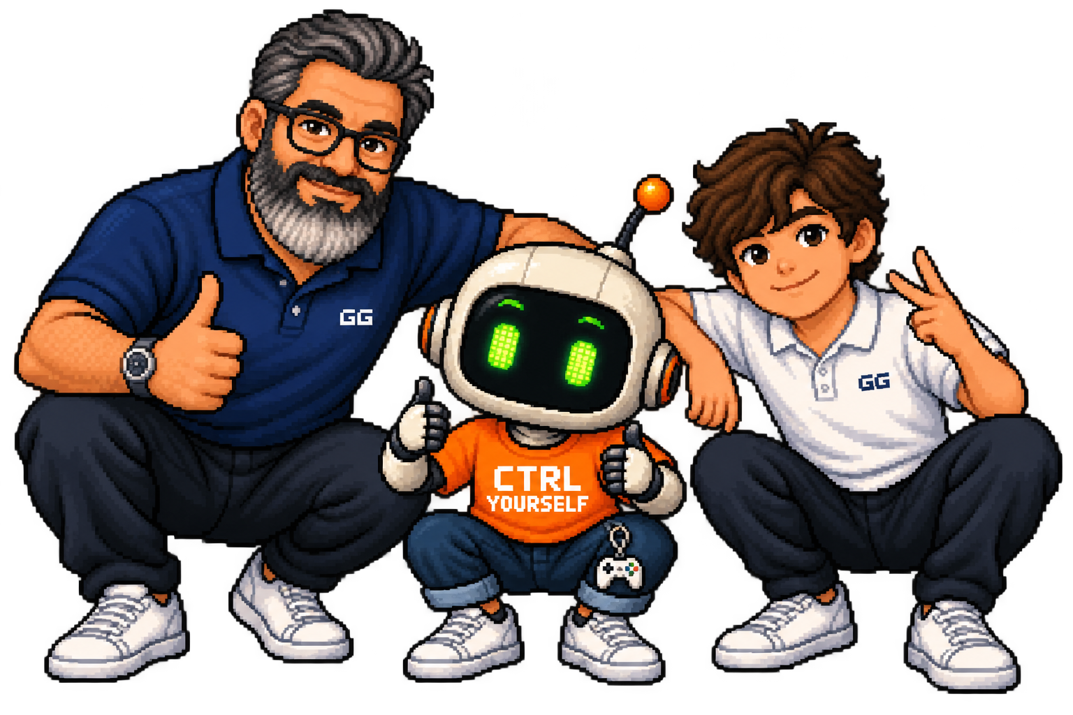 Pixel-art father, GGbot and son doing a playful group squat