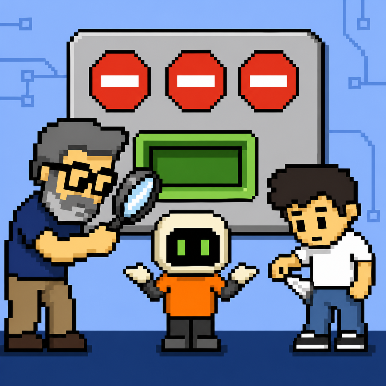 Pixel-art family looking for a rewards button in the Apple ecosystem