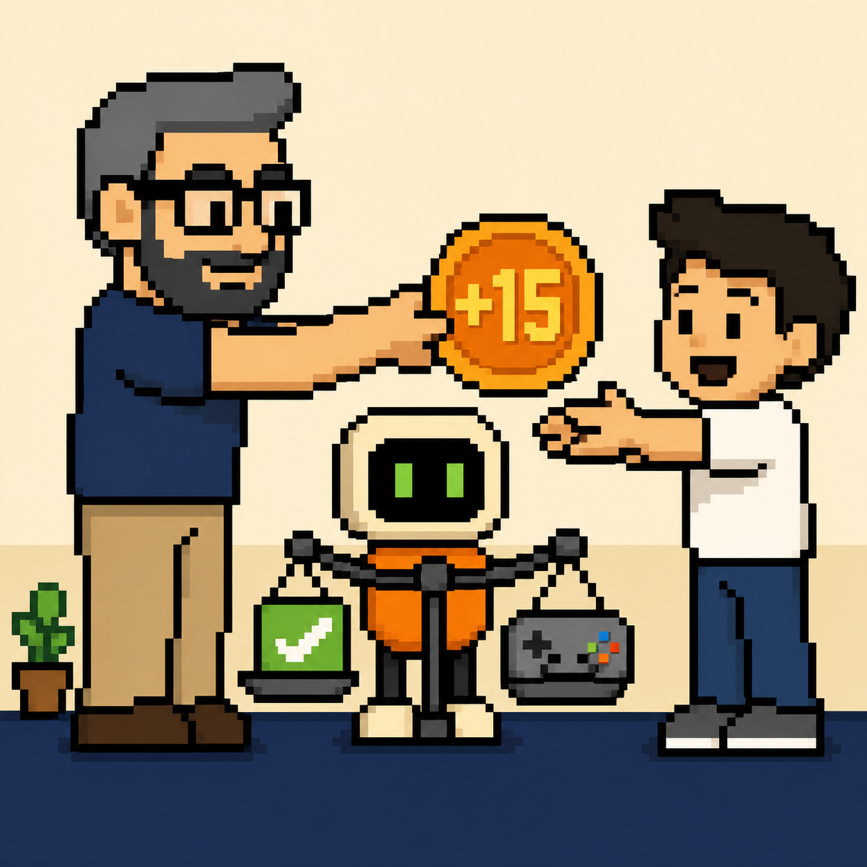 Pixel-art father and son exchanging contribution tokens for game time