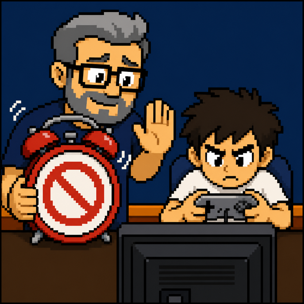 Funny pixel-art scene of a father asking his absorbed son to stop gaming