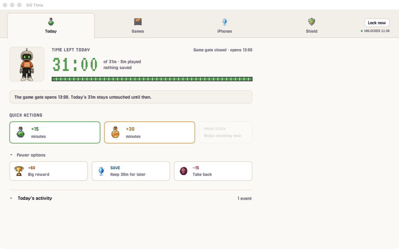 GG Time Mac app showing today's allowance and the game gate