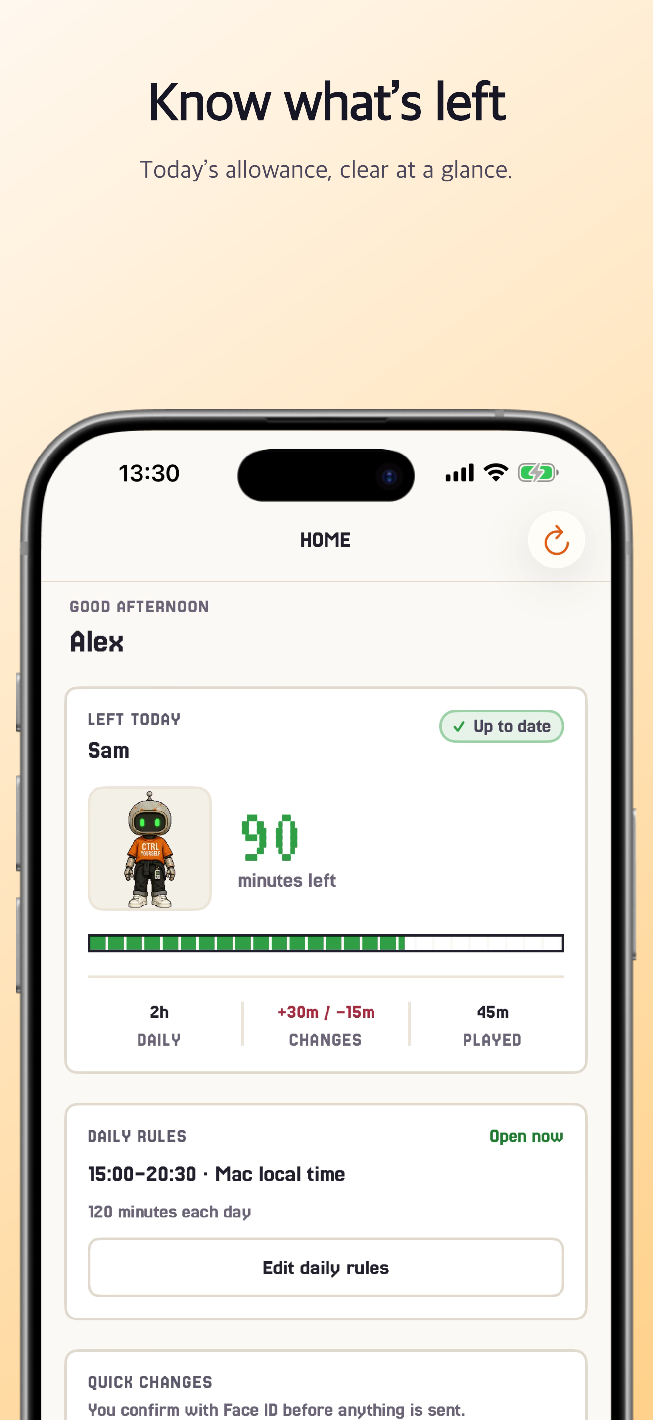 GG Time Parent iPhone app showing remaining game time and daily rules