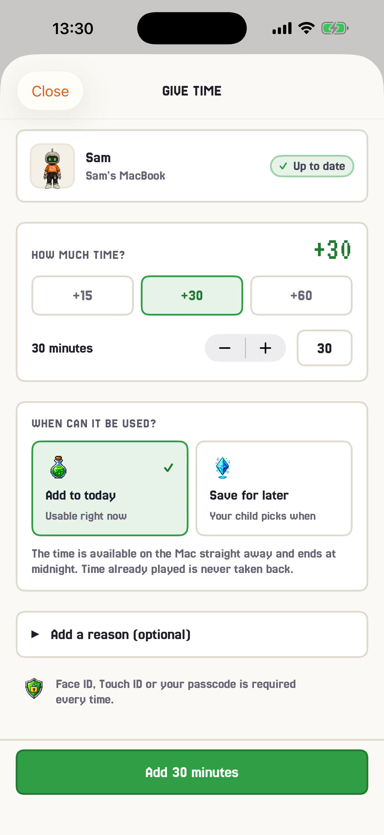 GG Time Parent iPhone app sending a game-time reward with a reason